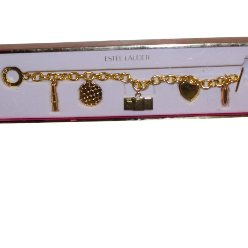 Vintage Estee Lauder Gold Tone The Golden Icons Charm Bracelet Lipstick Perfume